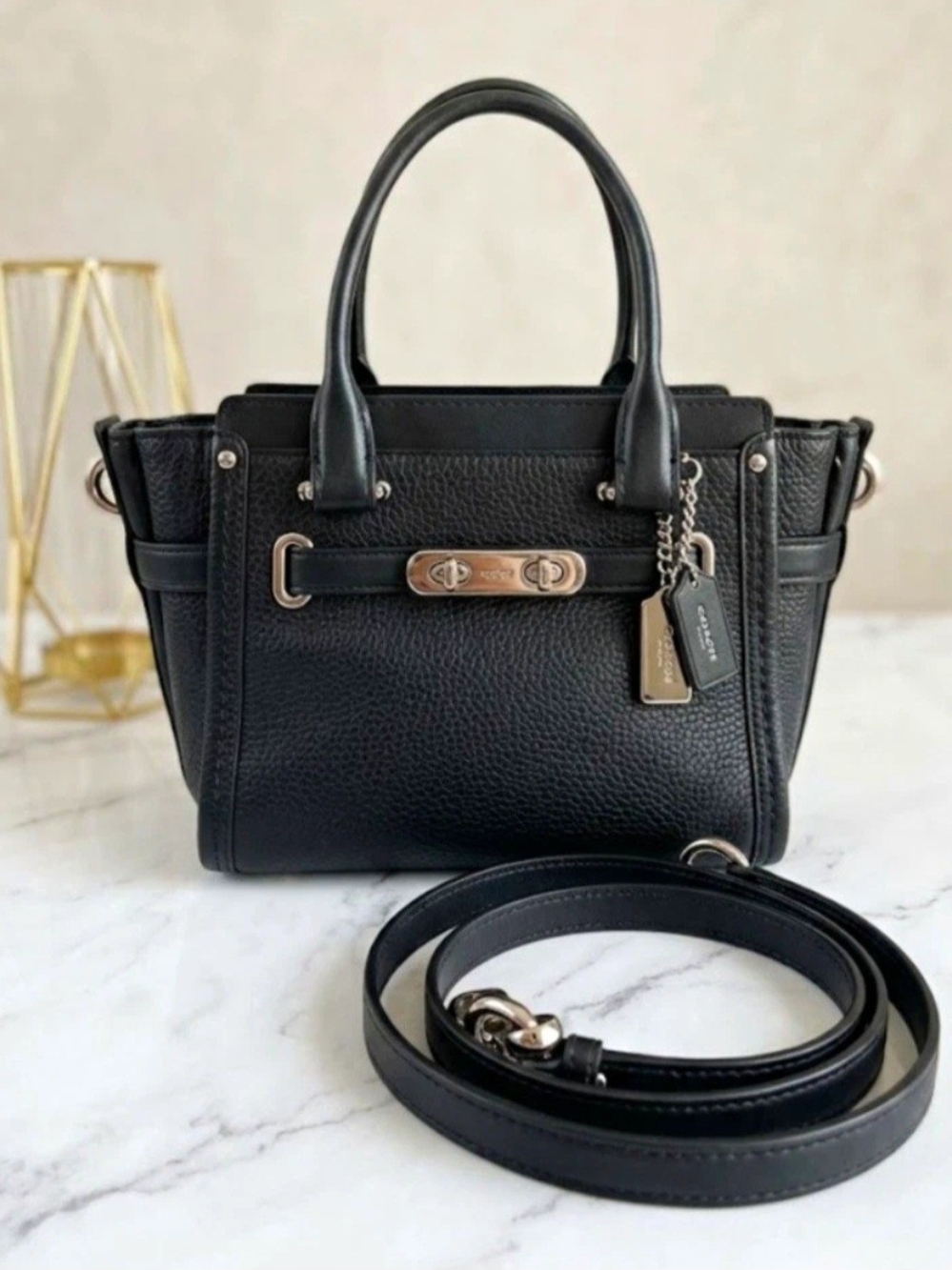 Coach Black Pebbled Leather Satchel with Silver Hardware